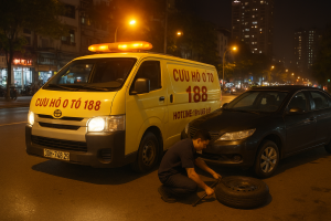 Xe cứu hộ lốp ô tô Mỹ Đình 2 - Nam Từ Liêm - Hà Nội đang thay lốp lưu động khẩn cấp