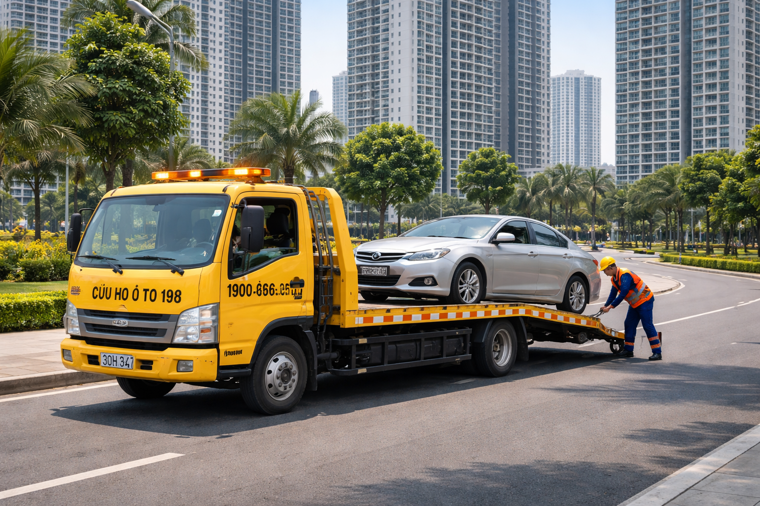 Xe cứu hộ thực hiện quy trình cứu hộ ô tô đơn giản tại Vinhomes Smartcity Tây Mỗ Nam Từ Liêm Hà Nội