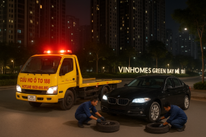 Cứu hộ lốp ô tô Vinhomes Green Bay – Mễ Trì đang vá lốp khẩn cấp