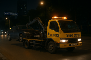 Xe cứu hộ ô tô Hateco Xuân Phương kéo xe hỏng trên đường phố đêm.