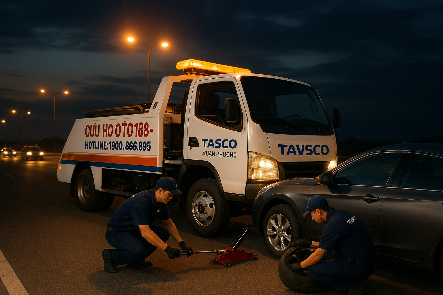 Dịch vụ cứu hộ lốp Tasco Xuân Phương hỗ trợ thay lốp ô tô nhanh chóng chuyên nghiệp trên cao tốc