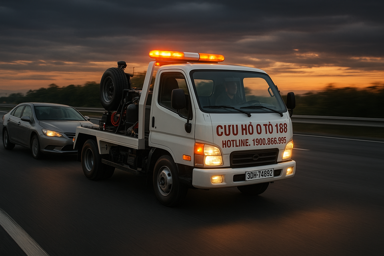 Dịch vụ cứu hộ lốp ô tô 24/7 Geleximco An Khánh đến hỗ trợ xe gặp sự cố lốp trên cao tốc.