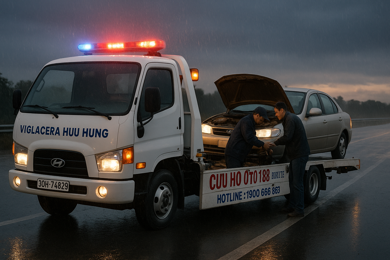 Xe cứu hộ ô tô Viglacera Hữu Hưng kéo xe hỏng động cơ trên cao tốc mưa gió.