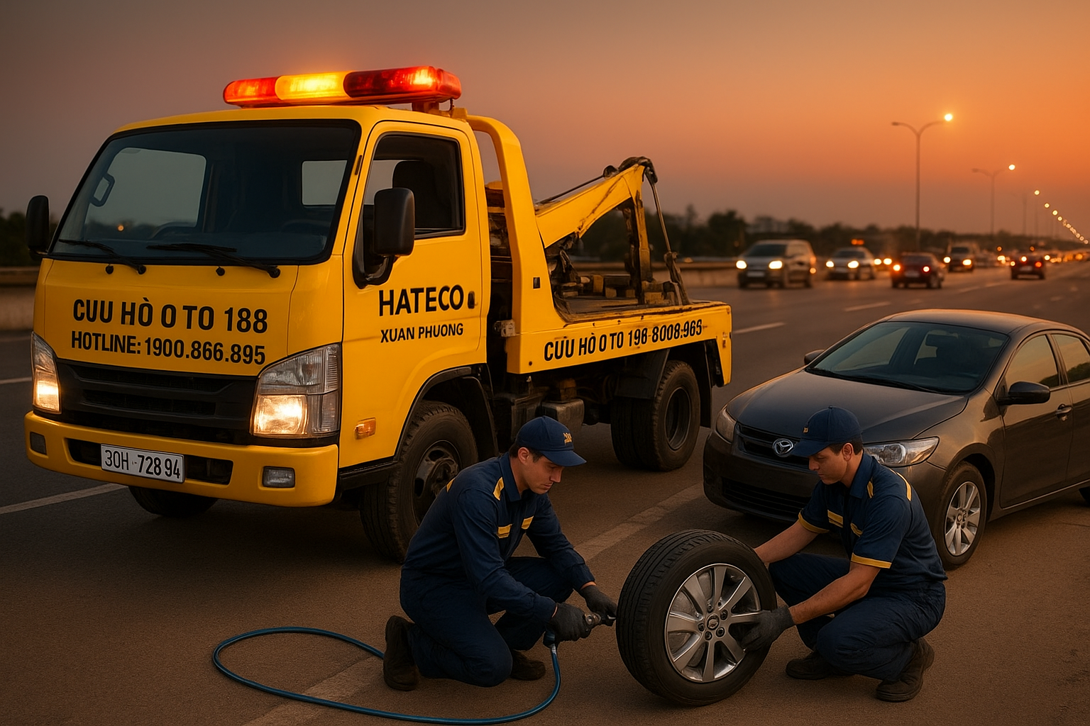Xe cứu hộ lốp ô tô Hateco Xuân Phương chuyên nghiệp thay lốp nhanh cho xe hỏng trên cao tốc.