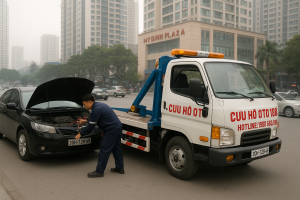 Xe cứu hộ ô tô Mỹ Đình Plaza 1 đang kích bình ắc quy cho ô tô hỏng tại khu vực đông đúc
