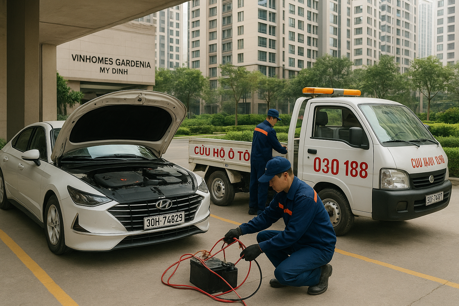 Cứu hộ ắc quy ô tô hết điện tại Vinhomes Gardenia Mỹ Đình