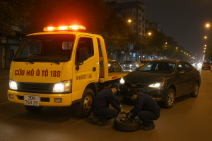 Xe cứu hộ lốp ô tô 789 Mỹ Đình đang thay lốp lưu động cho ô tô hỏng trên đường Mỹ Đình