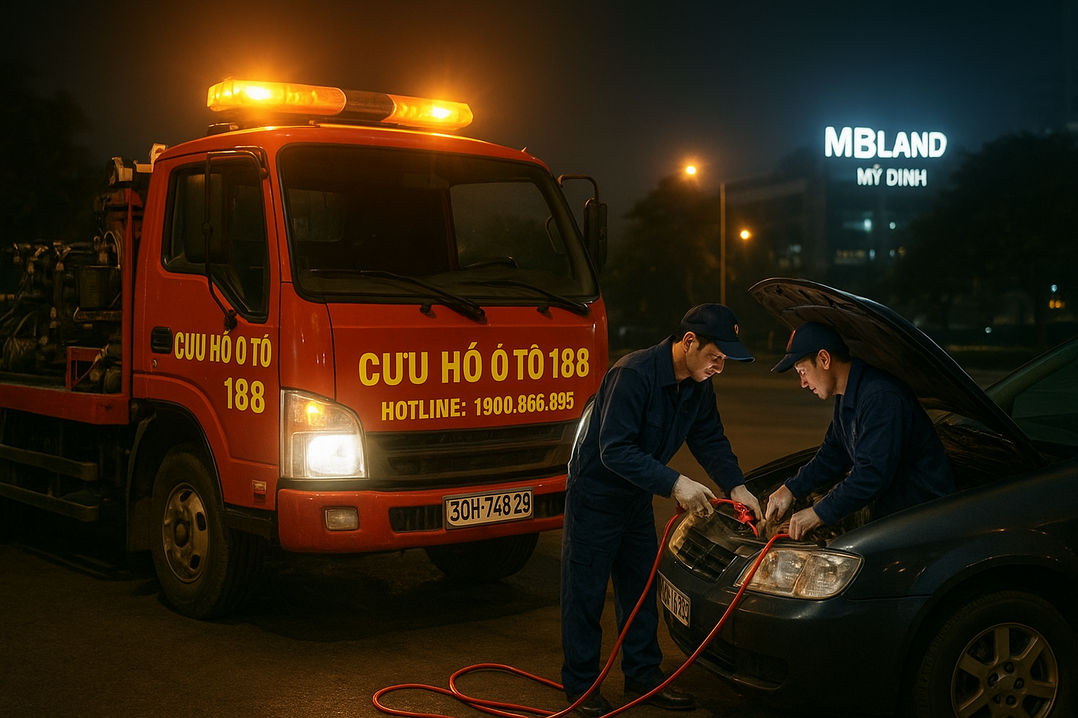 cuu-ho-ac-quy-o-to-mbland-my-dinh Xe cứu hộ ắc quy ô tô MBLand Mỹ Đình kết nối dây nổ hỗ trợ xe hỏng pin bên đường.