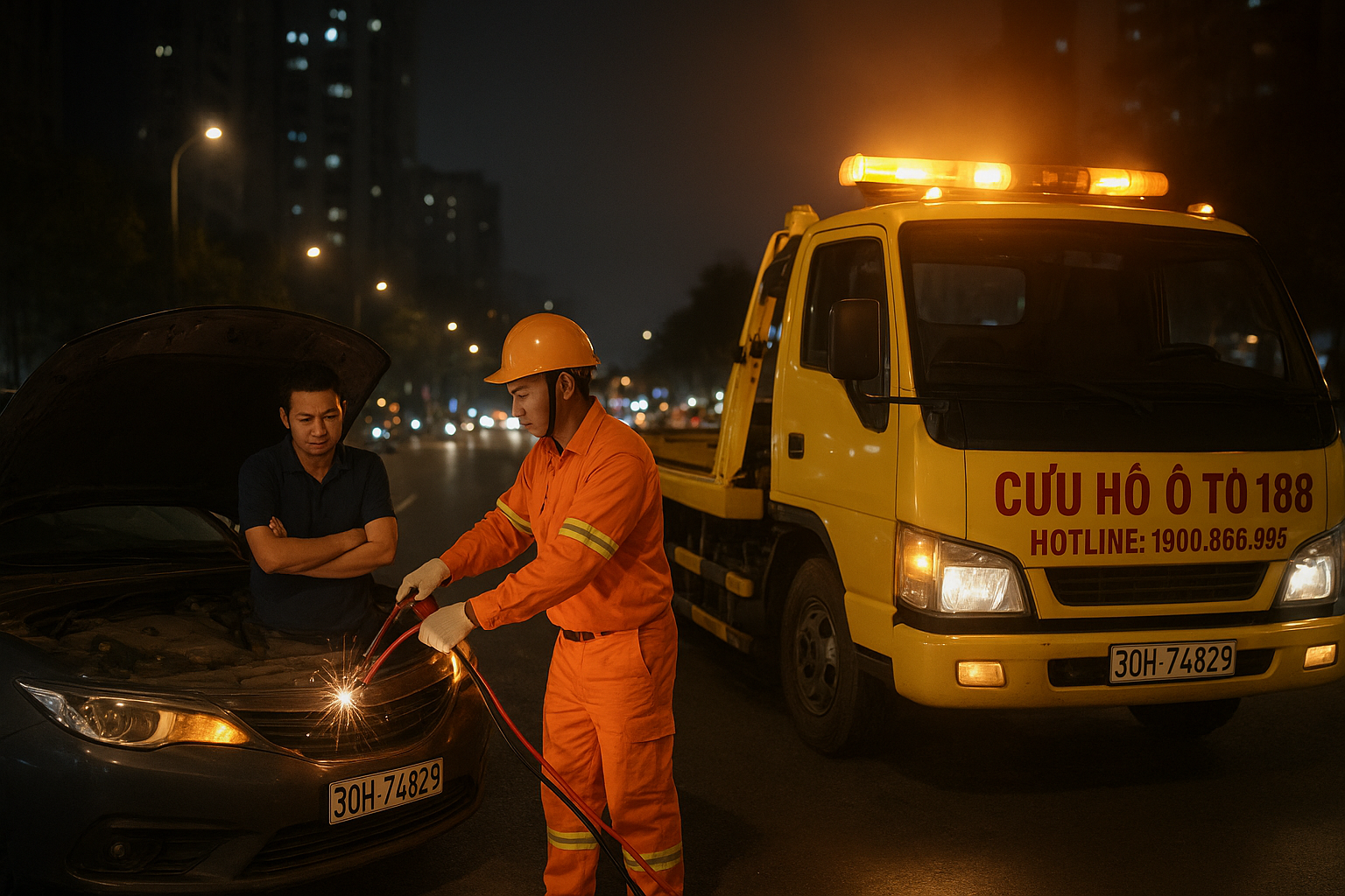 Tình huống khẩn cấp ắc quy ô tô hết pin được cứu hộ nhanh tại HD Mon City