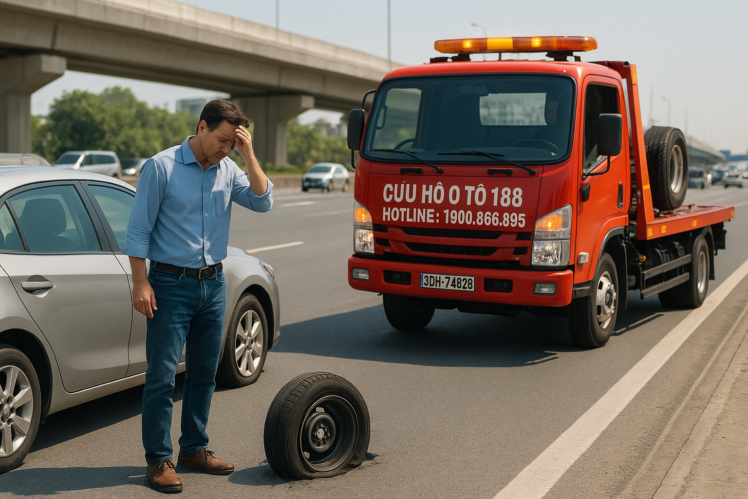 Các sự cố lốp ô tô thường gặp như nổ lốp cần cứu hộ lốp ô tô HD Mon City nhanh chóng